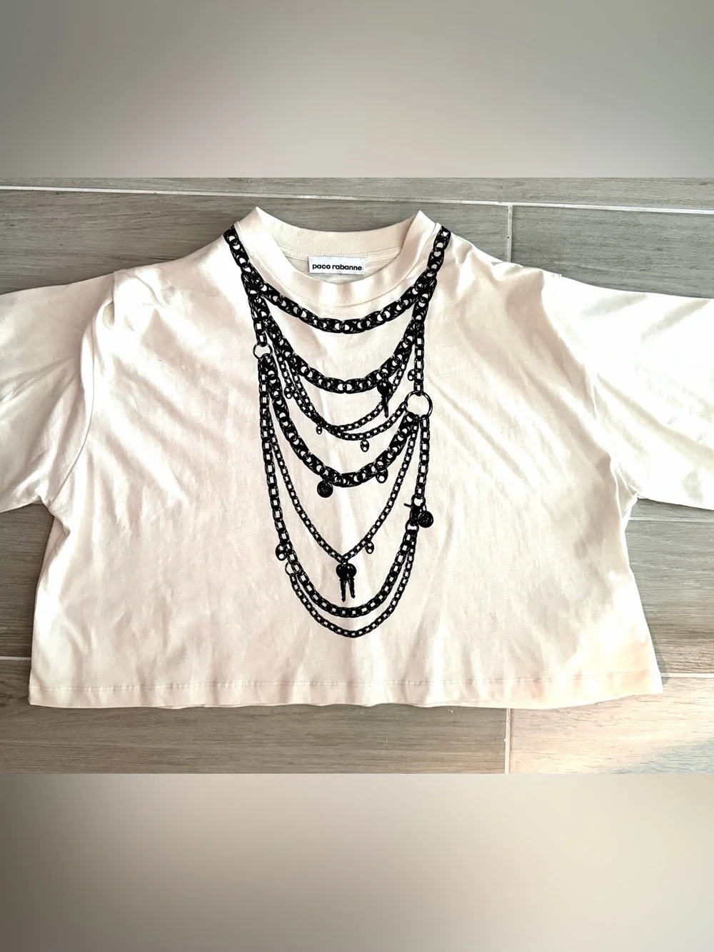 Paco Rabanne Ivory Trompe L’oeil necklace cropped T-Shirt Size S - Picture 1 of 7